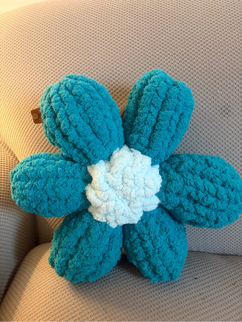 Plush Flower Pillow in Teal with Light Blue Center
